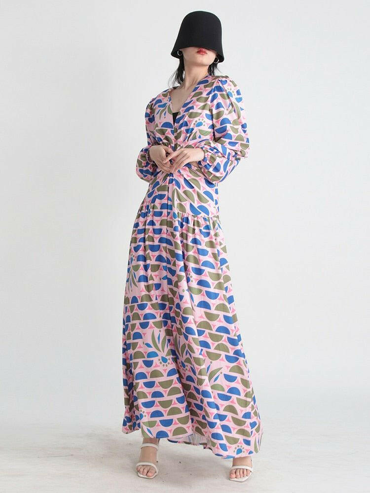 Hollow Out Maxi Dress For Women Deep V Neck Long Sleeve High Waist Slim Folds Print A Line Dress - By Baano