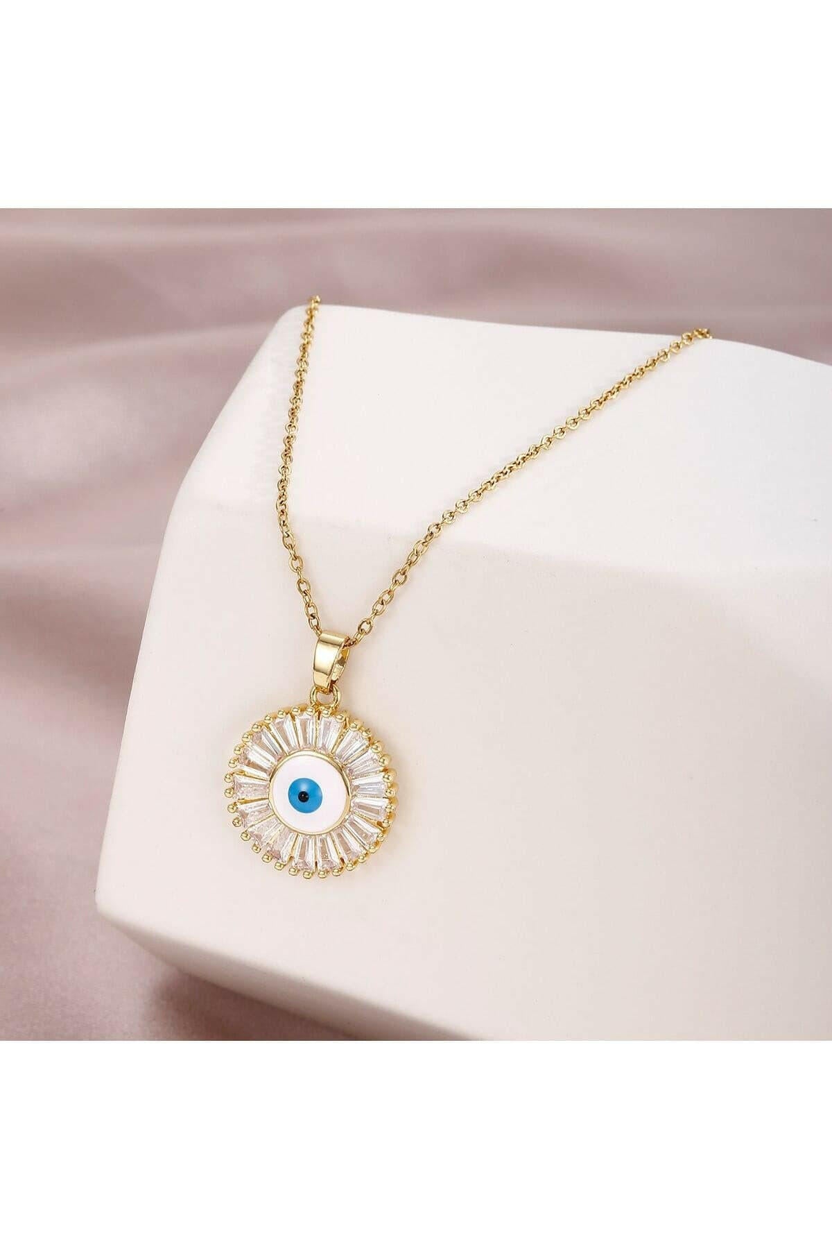 Stainless Steel Turkish Crystal Evil Eyes Pendant Necklace For Women.