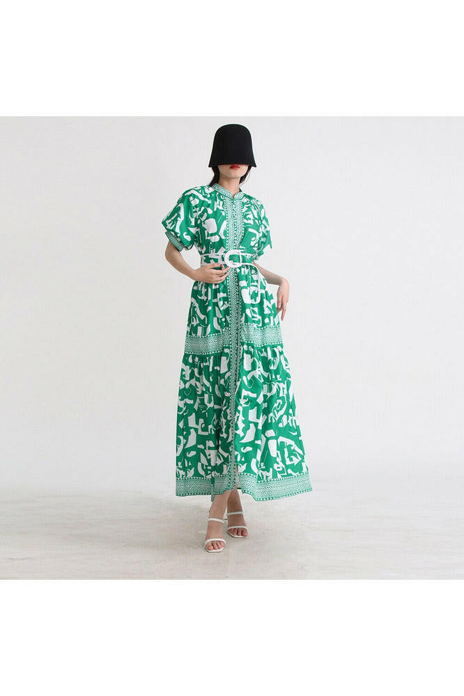 Maxi Dress With Belt - Stand Collar Puff Sleeve - High Waist Print -tiered Midi Dress.