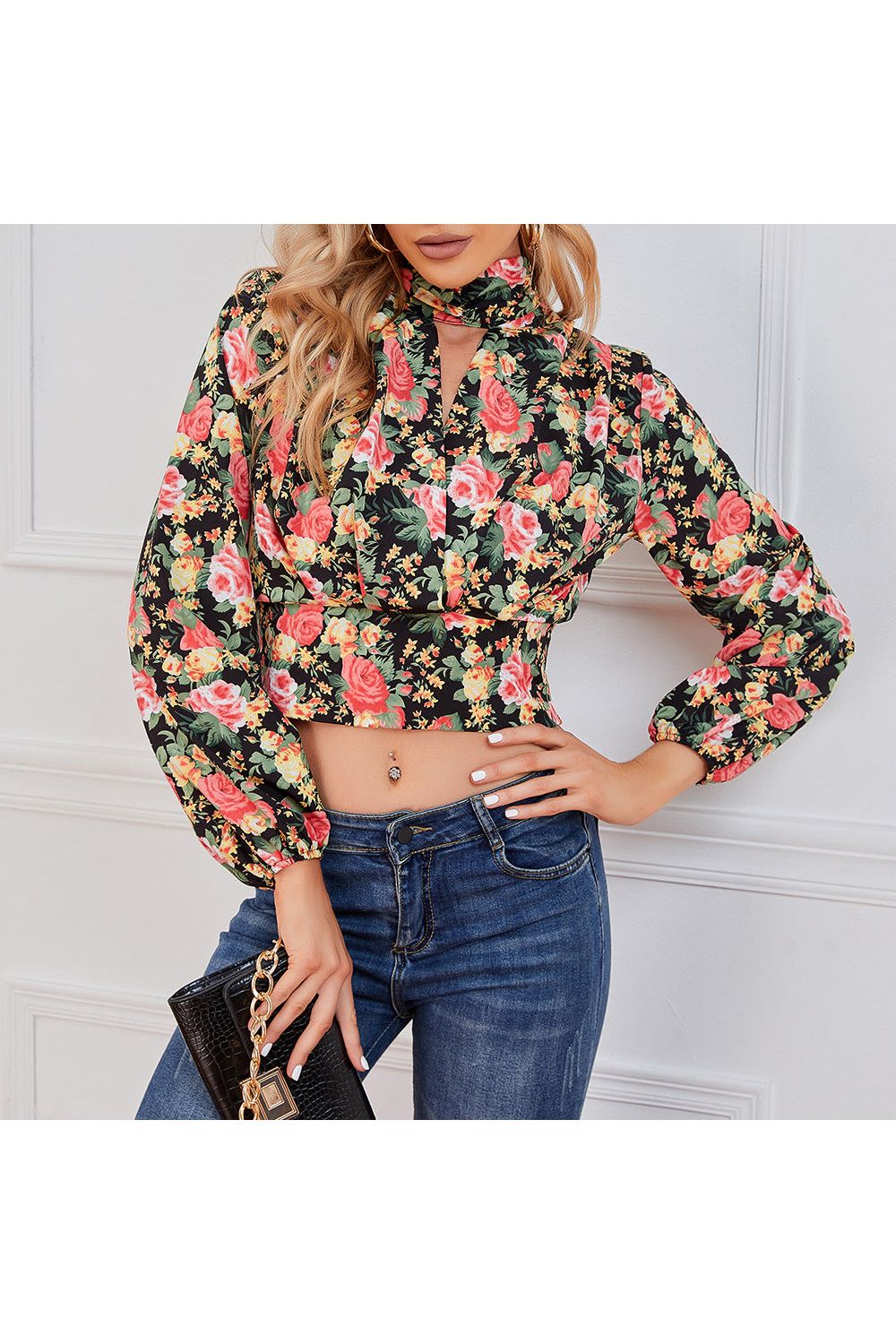 Cropped Floral Print Smocked Waist Blouse - By Baano
