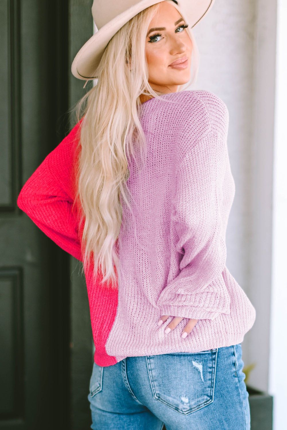 Contrast Color V-Neck Long Sleeve Pullover Sweater - By Baano