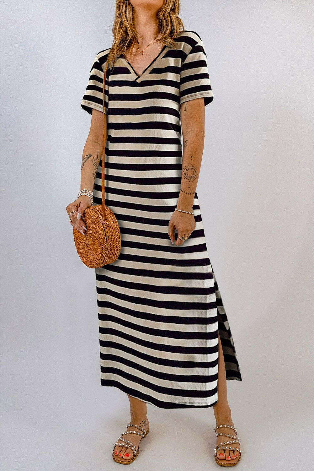 Striped V-Neck Short Sleeve Side Slit Dress - By Baano