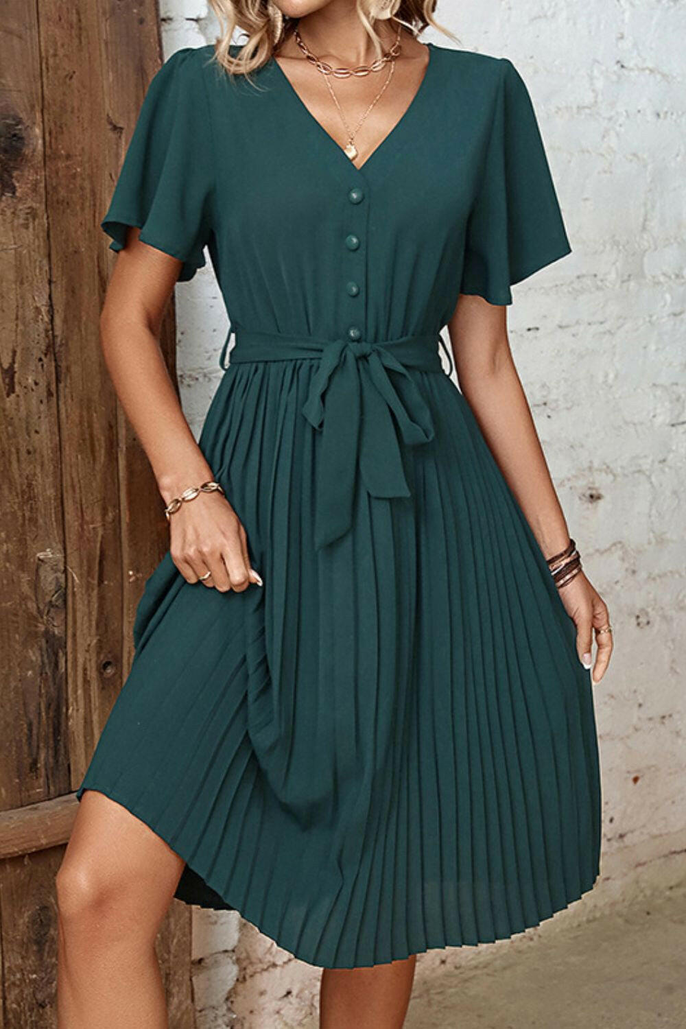 Buttoned V-Neck Flutter Sleeve Pleated Dress - By Baano