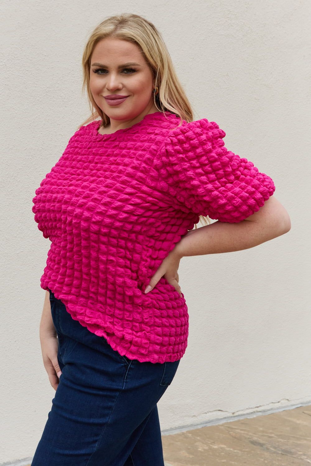 And The Why Full Size Bubble textured Puff Sleeve Top - By Baano