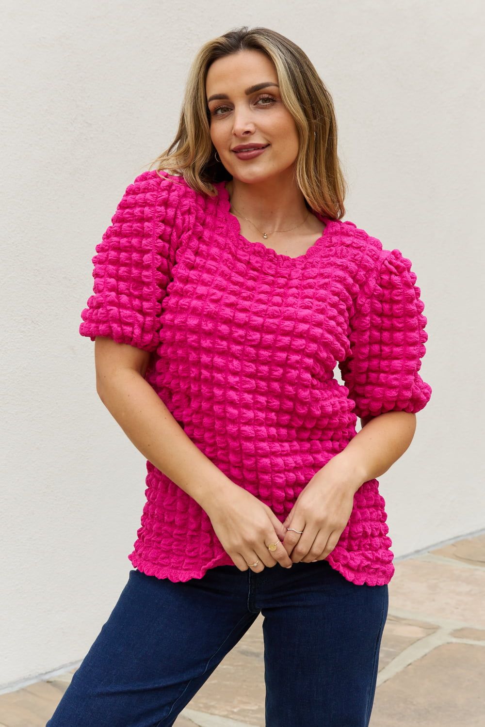 And The Why Full Size Bubble textured Puff Sleeve Top - By Baano