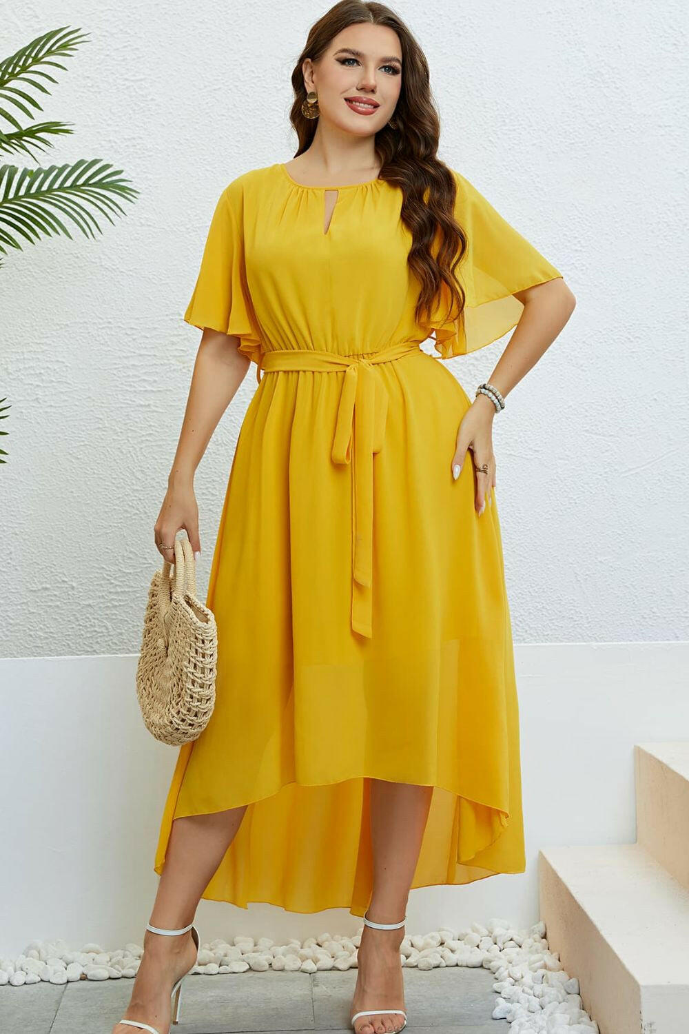 Belted Flutter Sleeve High-Low Dress - By Baano