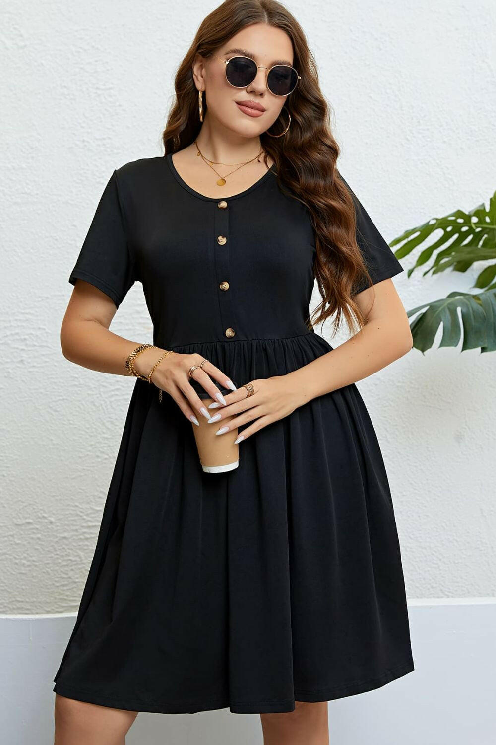 Buttoned Short Sleeve Dress - By Baano
