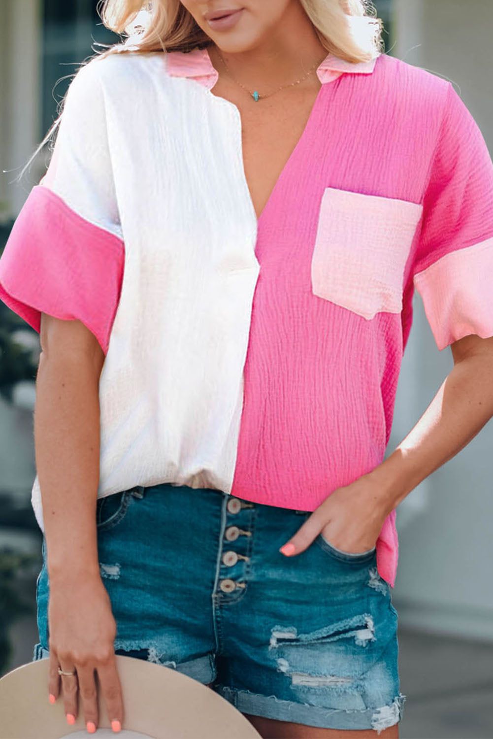 Color Block Textured Johnny Collar Blouse - By Baano