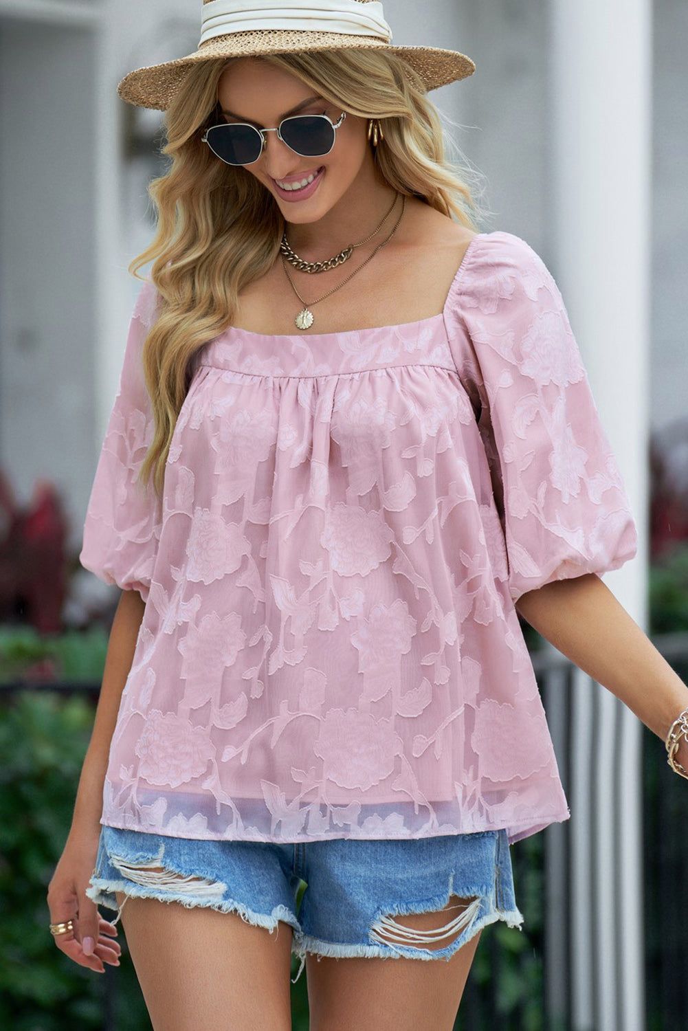 Applique Puff Sleeve Square Neck Blouse - By Baano