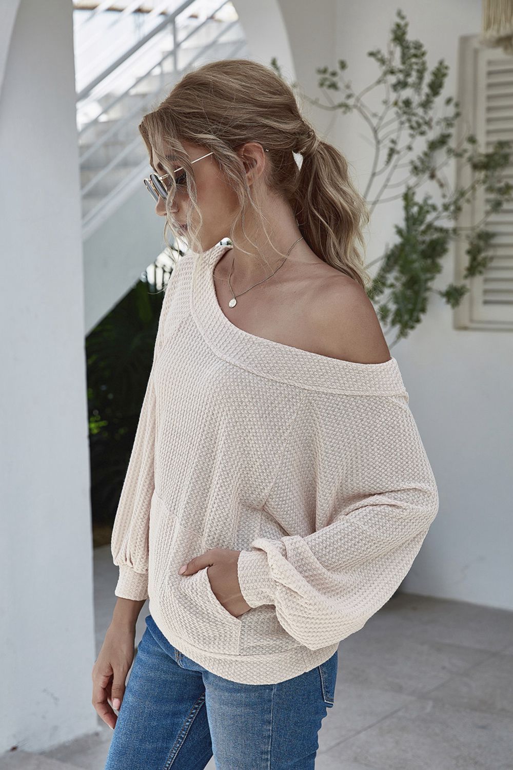 Boat Neck Waffle-Knit Lantern Sleeve Blouse with Pocket - By Baano