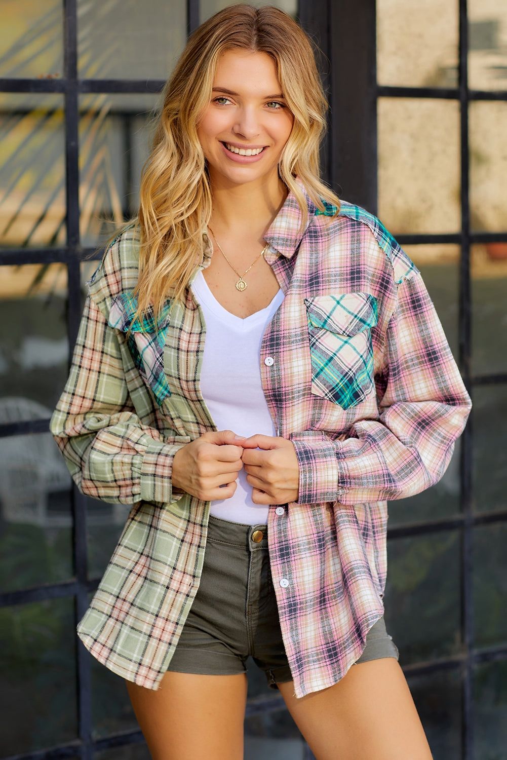 Contrast Plaid Long Sleeve Collared Neck Shirt - By Baano