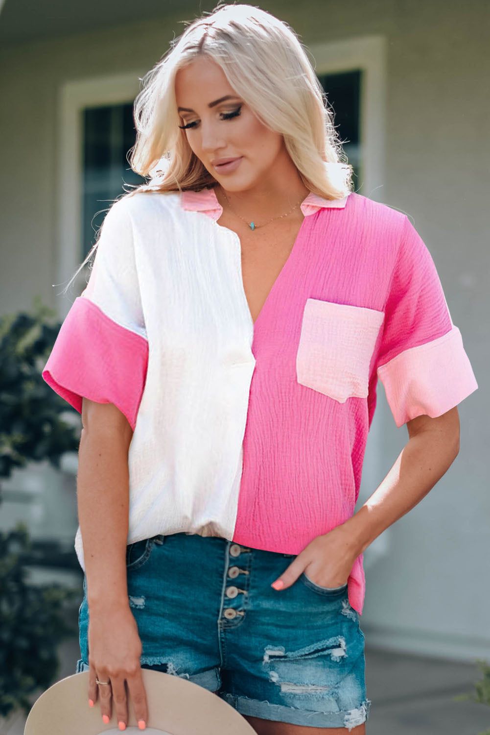 Color Block Textured Johnny Collar Blouse - By Baano