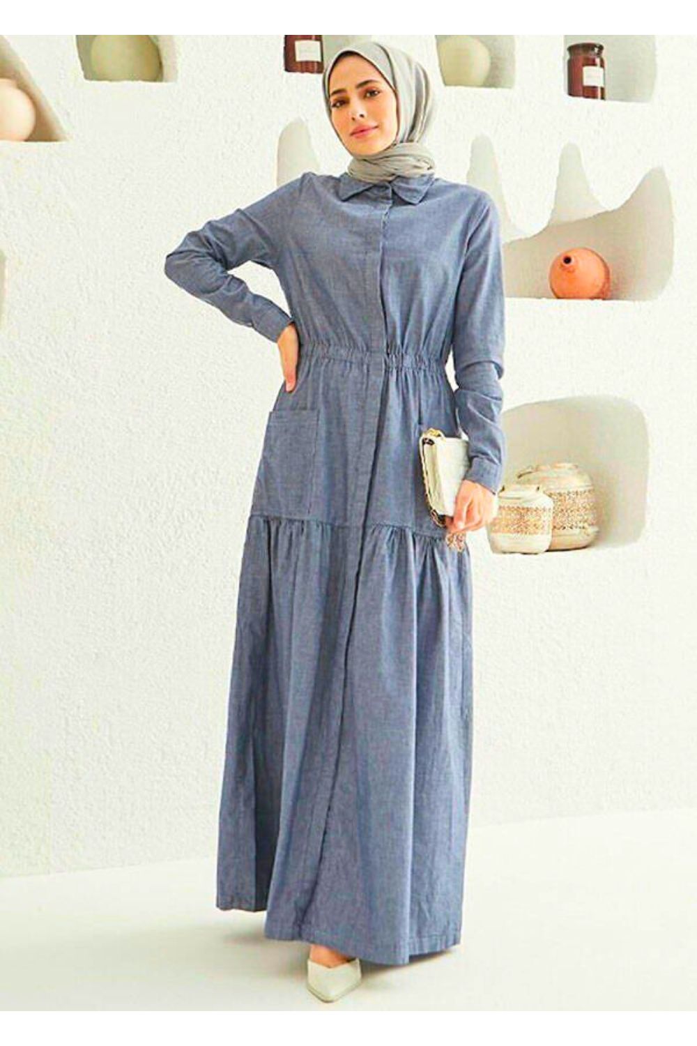 Muslim Women's Long Sleeve Maxi Dress with Tiered Skirt - Modest Design Maxi Dress By Baano 38 Gray Denim 