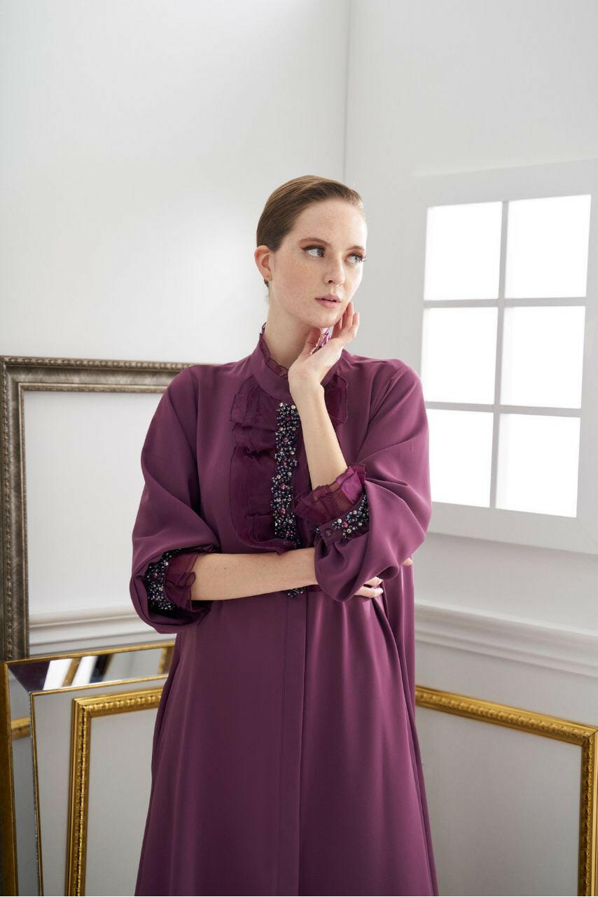 Muslim Women's Fashionable Emirati-Inspired Kaftan Abaya Kimono - Stylish, Modest, and Comfortable - Perfect for Ramadan, Eid, and Special Occasions Abaya By Baano 40 Purple Passion 