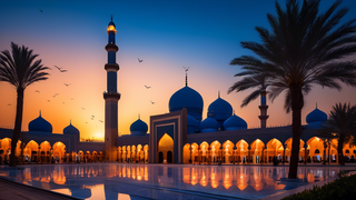 Mosque at sunset with illuminated arches and palm trees.