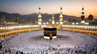 Pilgrims in white garments circle the Kaaba at sunset in the Grand Mosque, Mecca, illustrating the rituals of Hajj and Umrah.