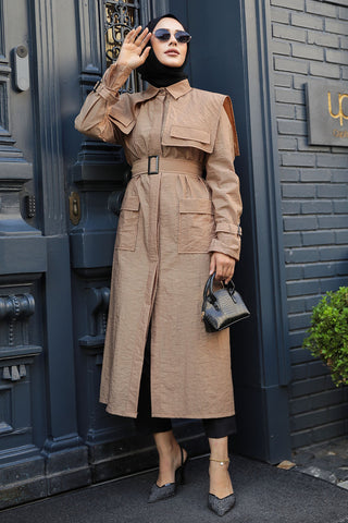 The Molly Full-Length Trench Coat redefines elegance and versatility in modest fashion Beige