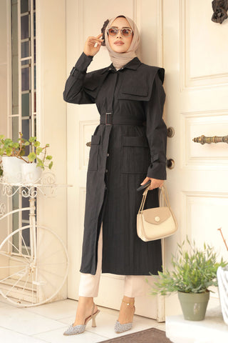 The Molly Full-Length Trench Coat redefines elegance and versatility in modest fashion Black