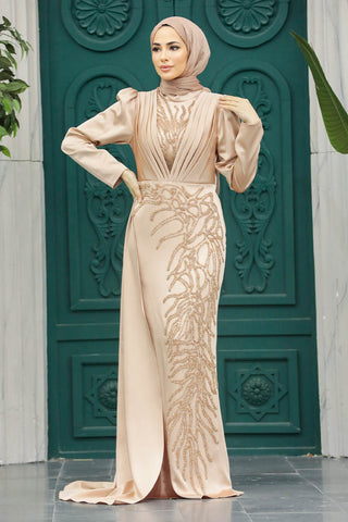 Alina Long Beaded Evening Dress with Long Sleeves - By Baano