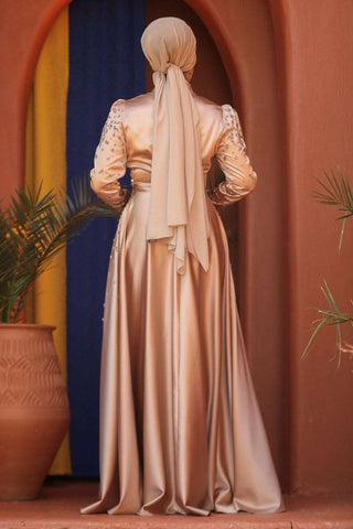 Long Maxi Dress  Designed to accommodate Hijab - Beige - By Baano