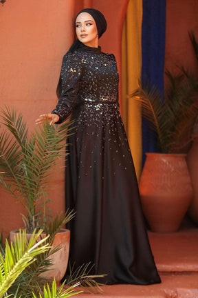 Long Maxi Dress gracefully accommodates Hijab while maintaining a chic and sophisticated look- Black - By Baano