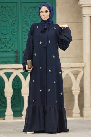 Hamida Navy Blue Rhinestone Abaya With Neck Tie - By Baano