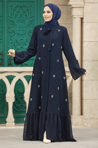 Hamida Navy Blue Rhinestone Abaya With Neck Tie - By Baano