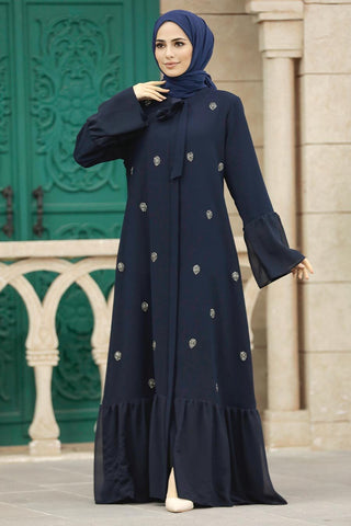 Hamida Navy Blue Rhinestone Abaya With Neck Tie - By Baano