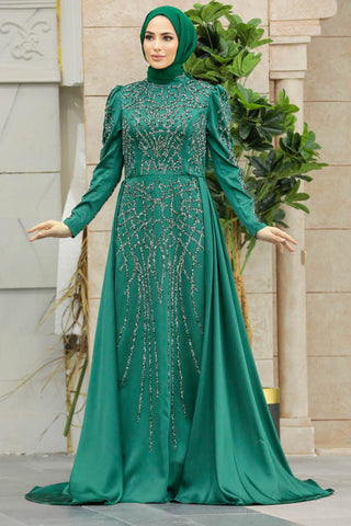 The Amirah Emeralds Green Beaded Long Sleeve Gown - By Baano