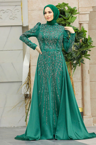 The Amirah Emeralds Green Beaded Long Sleeve Gown - By Baano