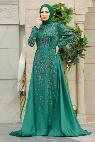 The Amirah Emeralds Green Beaded Long Sleeve Gown - By Baano