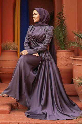 Mahal Sparkling Long Evening Dress Abaya - Sliver - By Baano