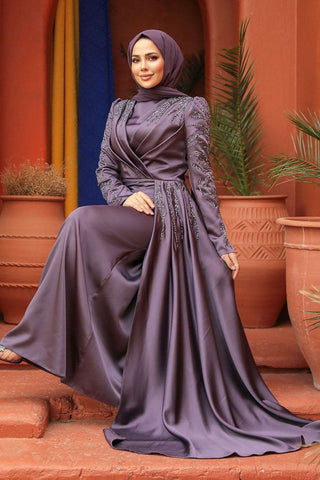 Mahal Sparkling Long Evening Dress Abaya - Sliver - By Baano