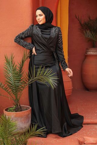 Raha Long Maxi Dress - Evening Dress Abaya - Black - By Baano