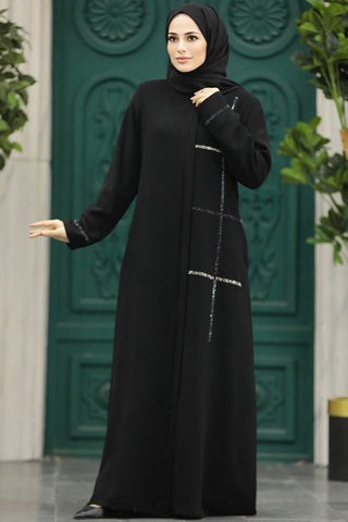 Aziza Long Black Abaya With Side Pockets and Side Detail - Modest Clothes - By Baano