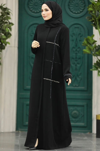 Aziza Long Black Abaya With Side Pockets and Side Detail - Modest Clothes - By Baano