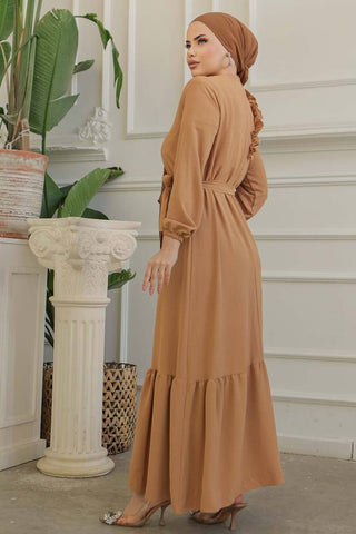 Tanya Long Maxi Dress With Ruffle Design - Waist Belt - By Baano