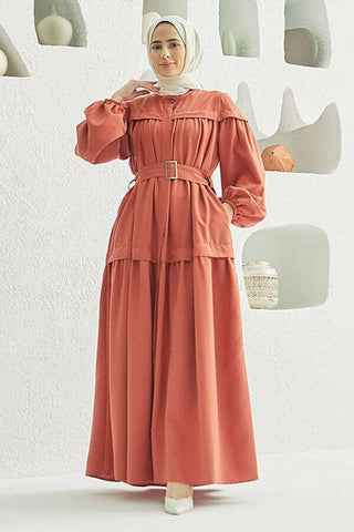 Carla Pleated Belted Modest Maxi Dress 46 Orange