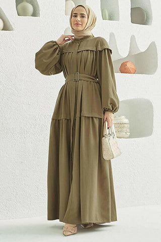 Carla Pleated Belted Modest Maxi Dress 40 Military Green