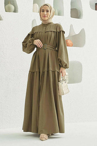 Carla Pleated Belted Modest Maxi Dress 42 Military Green