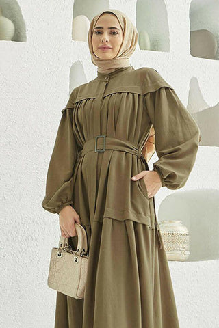 Carla Pleated Belted Modest Maxi Dress 38 Military Green