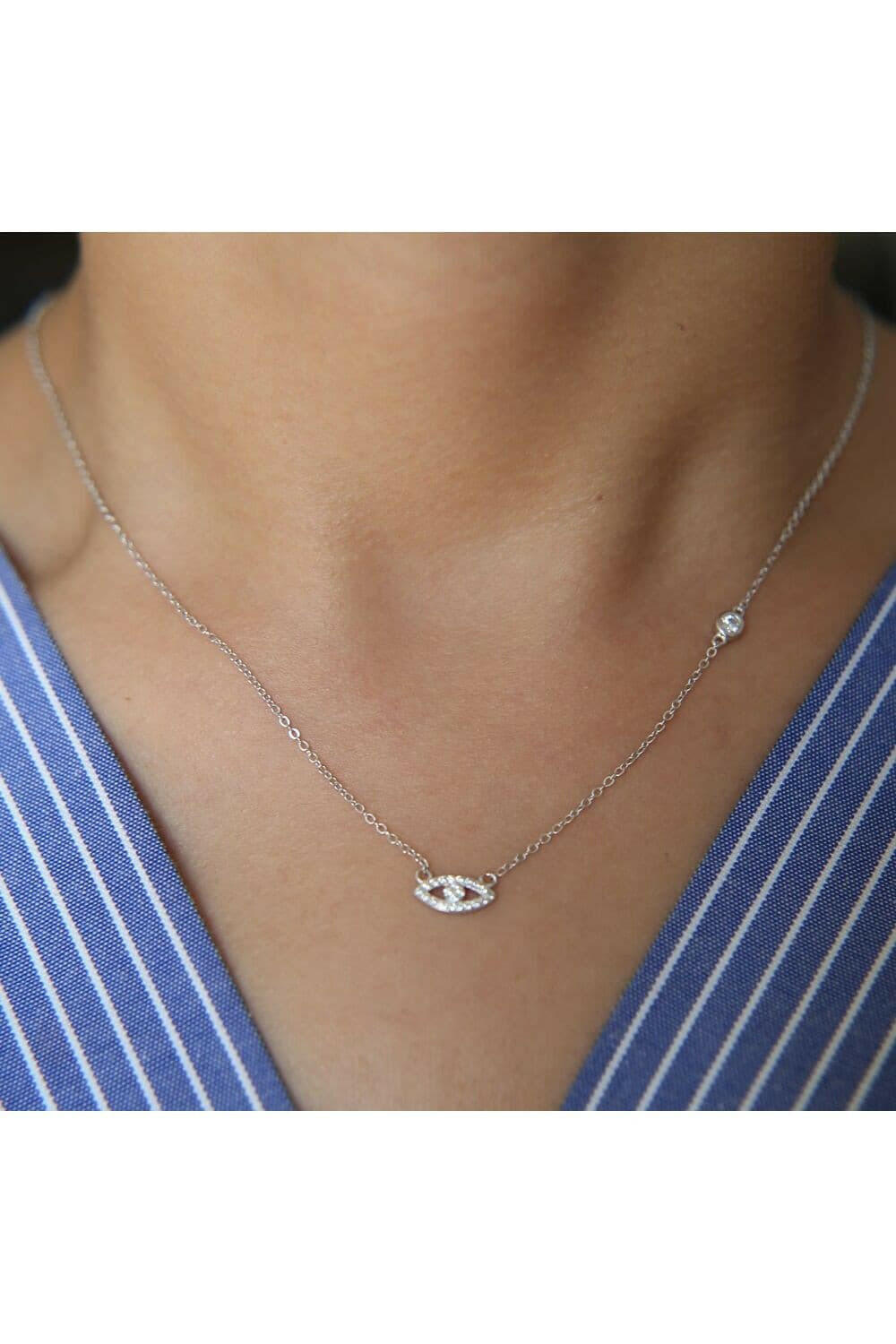 Sparking Dainty Thin Chain Fine Silver 925 Jewelry - Tiny Evil Eye Bezel Cz Connector - Charm Necklace.