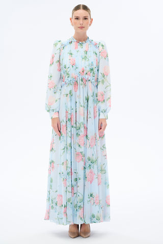 Morning Blues Floral Long Maxi Dress with Long Sleeve