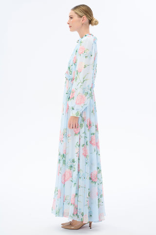 Morning Blues Floral Long Maxi Dress with Long Sleeve - By Baano