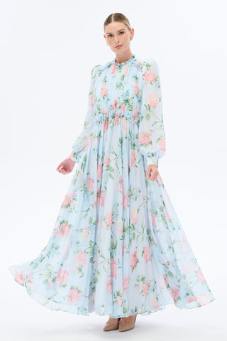 Morning Blues Floral Long Maxi Dress with Long Sleeve