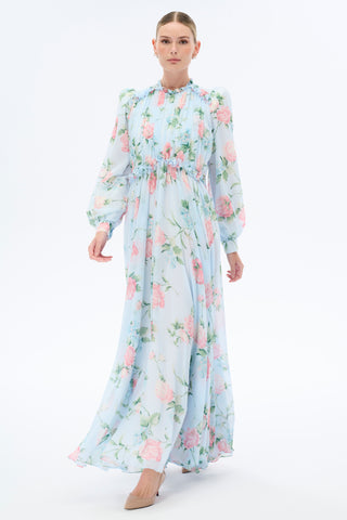 Morning Blues Floral Long Maxi Dress with Long Sleeve - By Baano