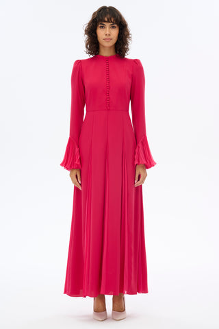 Pleated Design Long Maxi Dress with Decorative Front Buttons Fuchsia