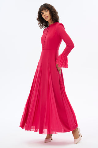 Pleated Design Long Maxi Dress with Decorative Front Buttons - By Baano