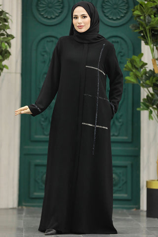 Aziza Long Black Abaya With Side Pockets and Side Detail - Modest Clothes - By Baano