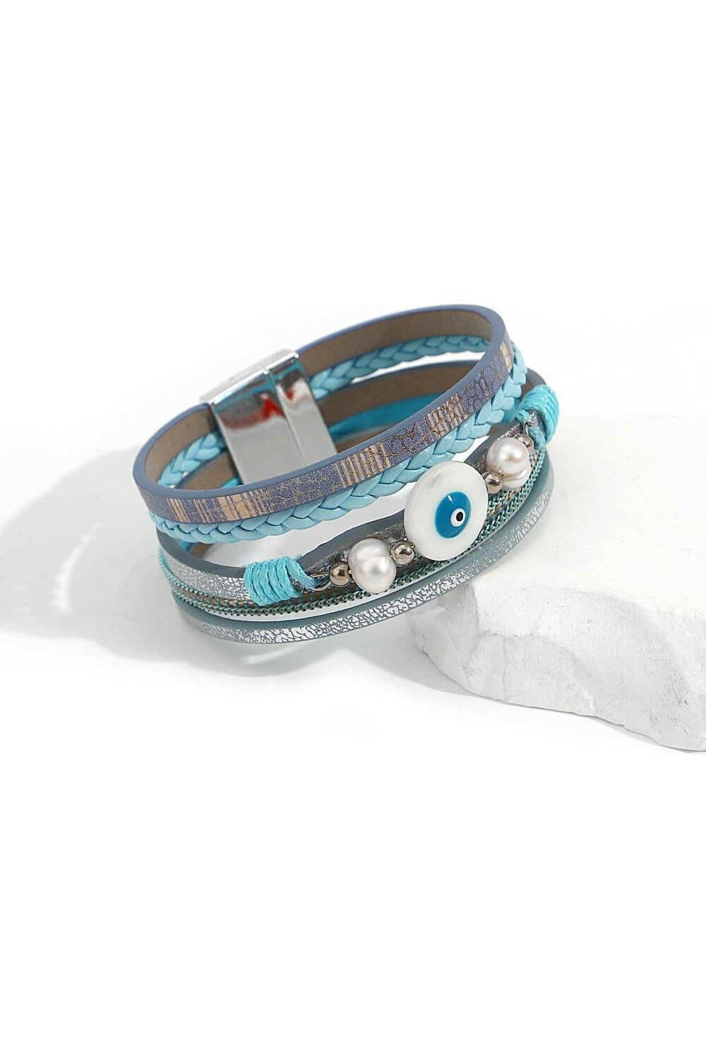 Boho Blue Multilayer Braided Leather Bracelet for Women - Charm Heart Cross Evil Eye Pearl Wrap Bracelets.